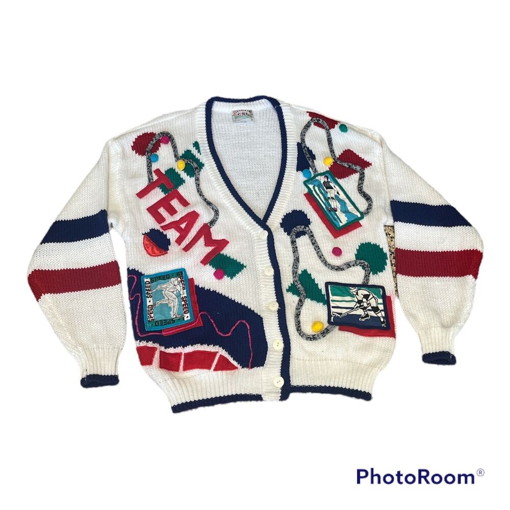 Vintage 80s CSL Cherry Stix LTD Ski Winter Sports Cardigan Sweater Large